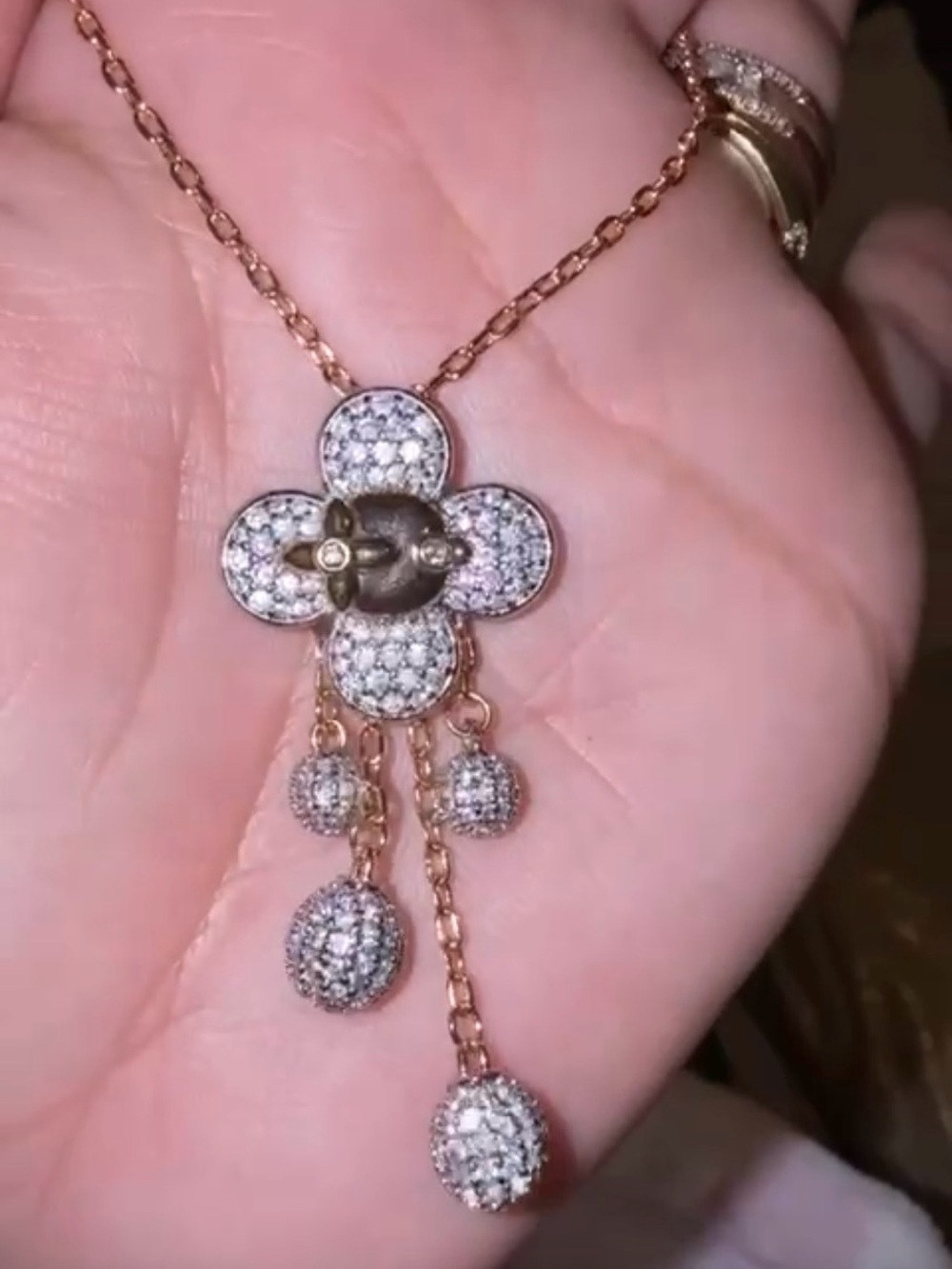 Rose Gold Floral Drop Pendant Necklace with Pavé Cubic Zirconia